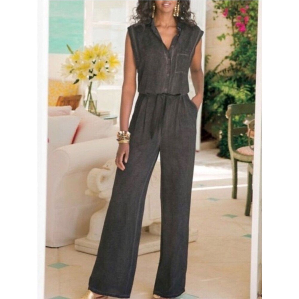 Soft Surroundings Camilla Jumpsuit Rayon Gray Button Front PS